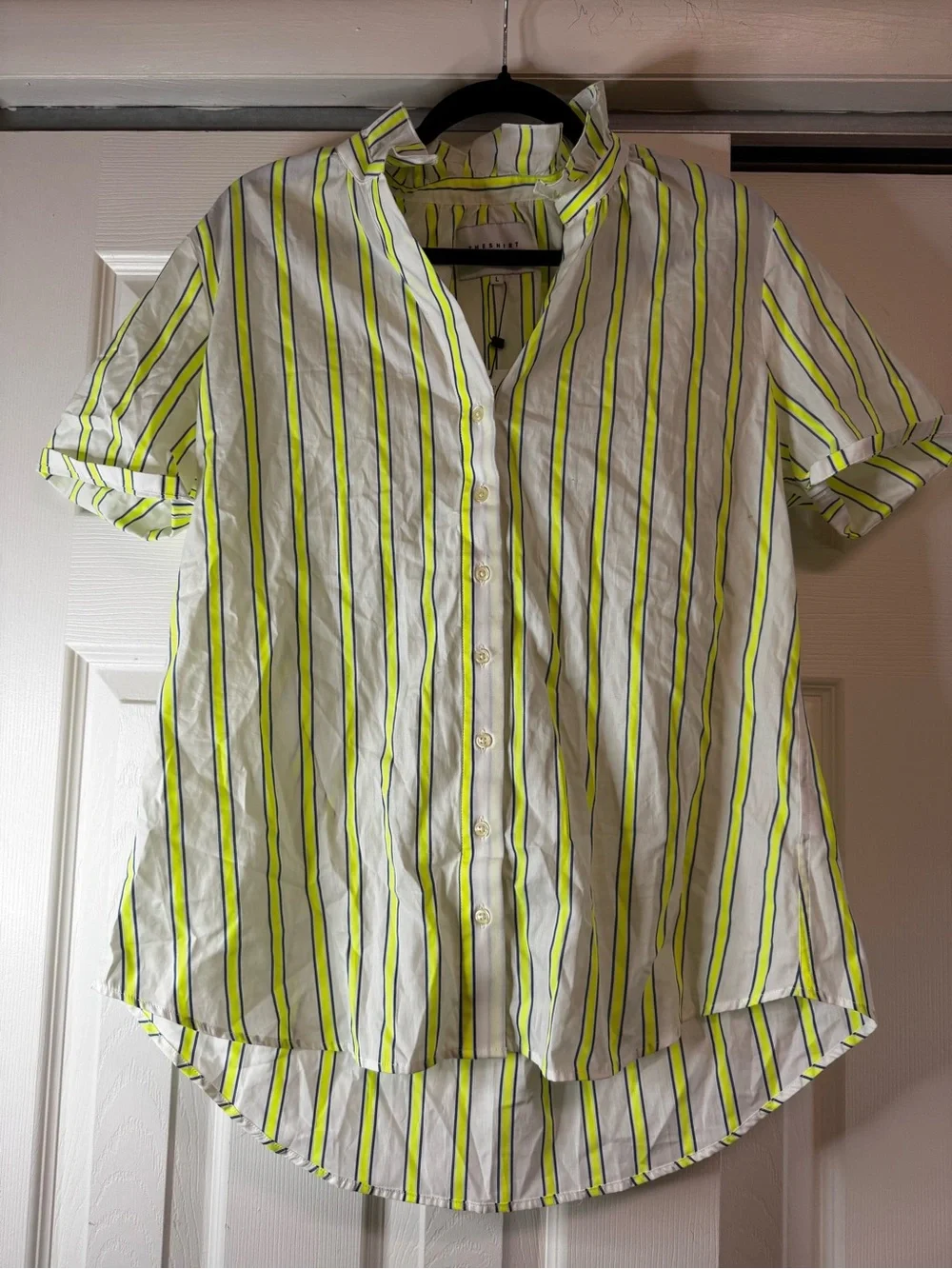 The Shirt by Rochelle Behrens White & Chartreuse Striped Button Up -Size L NWT